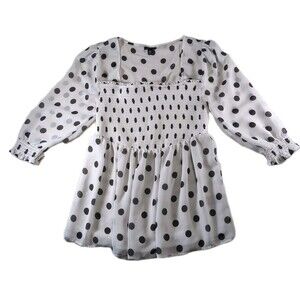 Torrid Size 00 Chiffon Babydoll Smocked Blouse White Black Polka Dot